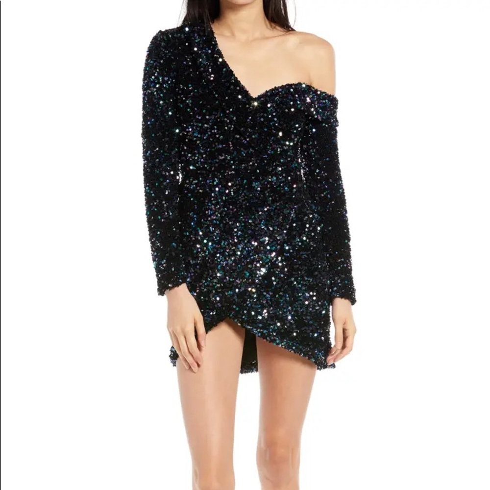 Long Sleeve navy Sequin Velvet Cocktail Dress